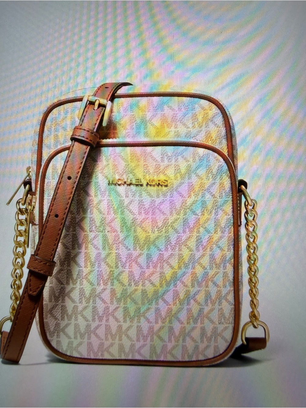 Michael Kors Beige/Tan Signature Crossbody with Gold Chain Trim